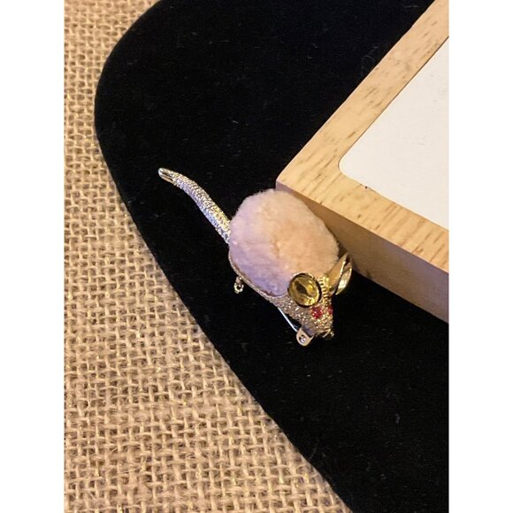 Vintage Mouse Brooch With Faux Fur & Rhinestone Accents - Picture 5 of 12